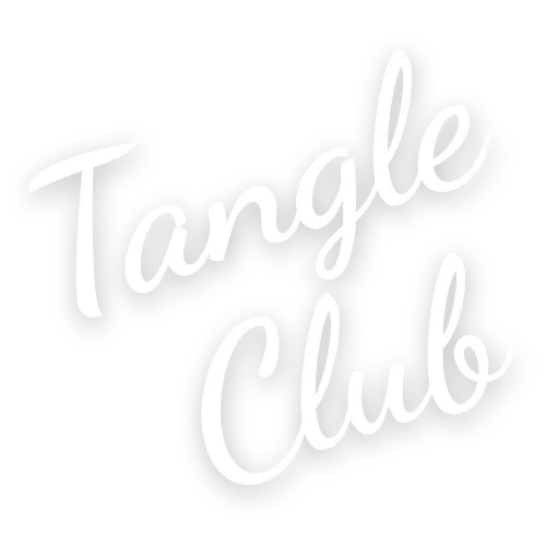 Zenjo Tangle Club logo featuring stylized, elegant white script text angled diagonally on a transparent background.