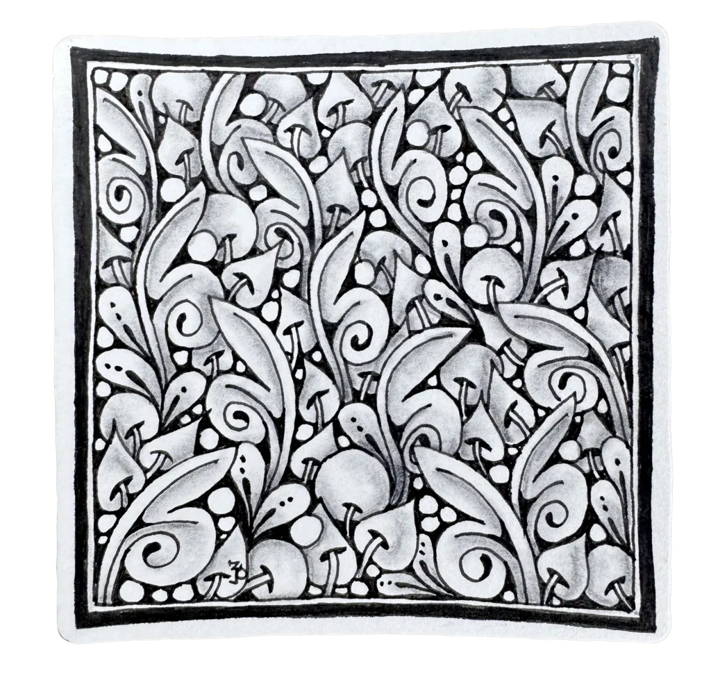 Intricate Zentangle botanical pattern packed with abstract leaves, swirling vines, and small mushroom-like shapes.