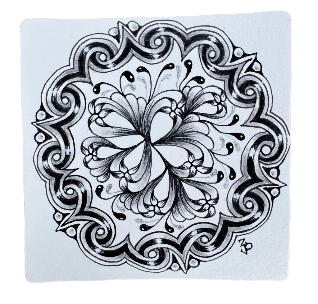 Black and white Zentangle mandala design featuring a bold, wavy outer border and delicate leafy shapes in the center.