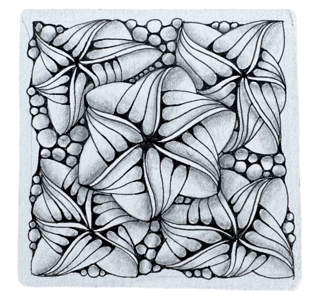 Abstract Zentangle drawing showing interlocking geometric star shapes surrounded by clusters of small pebble-like circles.