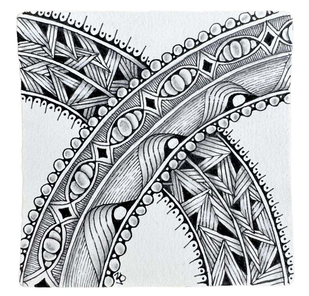Black and white Zentangle tile featuring intersecting ribbons with woven textures and pearl-like borders.