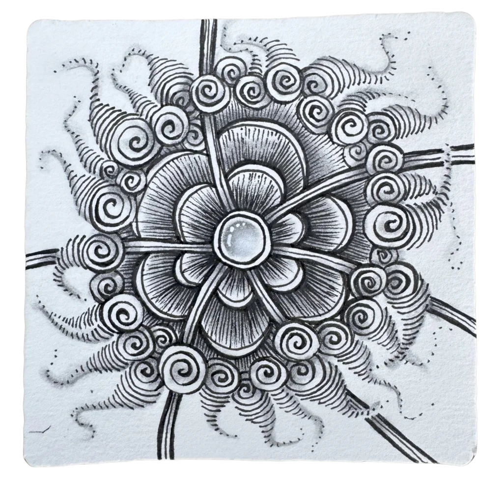 Circular Zentangle drawing resembling a mandala with a central gem, layered petals, and swirling tendrils radiating outward.